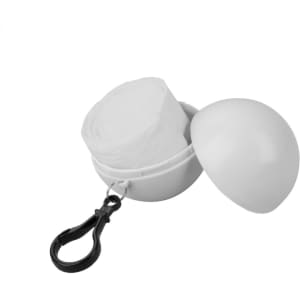 A white poncho rolled inside a round keyring case with a black clip. The case is open, displaying the poncho inside.