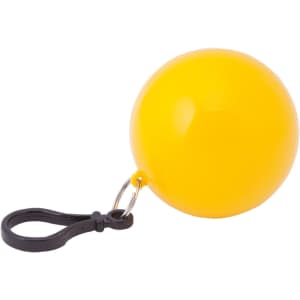 A yellow promotional poncho packed inside a ball keyring with a black clip attachment.