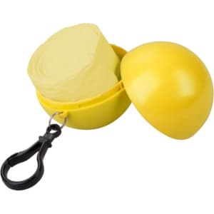 A yellow ball keyring containing a folded poncho, featuring a clip for attachment.