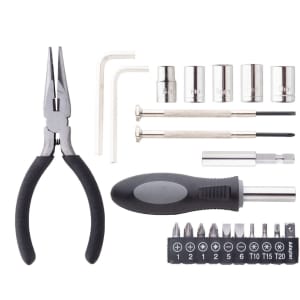 A 22-piece black and silver tool set including pliers, screwdrivers, sockets, and hex keys in a carry case.