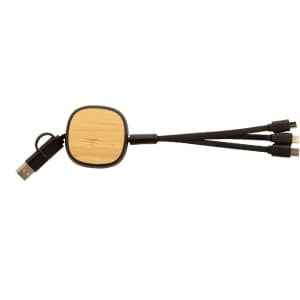A USB charger cable with a bamboo and black recycled ABS design, featuring multiple connectors for various devices.
