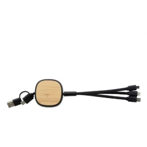 A USB charger cable with a bamboo centre and black connectors, featuring multiple connection options.
