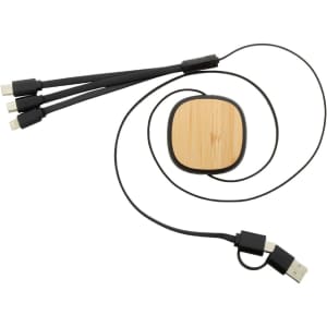 A USB charger cable with a bamboo and black ABS body, featuring multiple interchangeable connectors.
