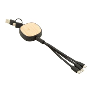 A USB charger cable featuring a bamboo and black recycled ABS design, with multiple connectors.