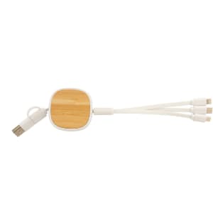 A USB charger cable featuring a bamboo and white recycled ABS design, with multiple connection tips.