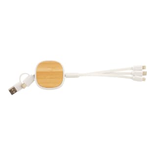 A USB charger cable with a bamboo and white recycled ABS body, featuring three detachable connectors.