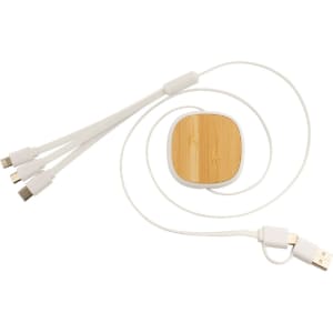 A USB charger cable featuring a bamboo surface and white recycled ABS, with multiple connector options.