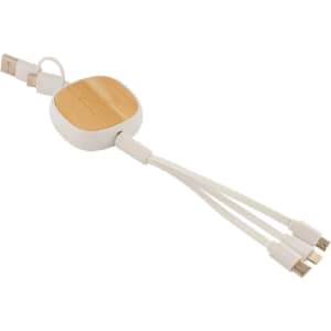 A USB charger cable featuring a bamboo and white design with three connection ends for versatility.