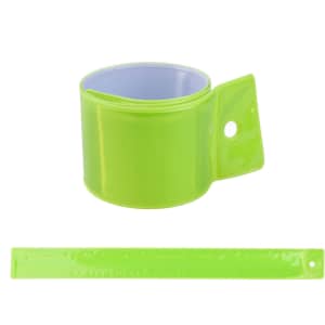 A reflective wrist band in bright green, featuring a smooth surface and a hole for adjustment. Includes a logo.