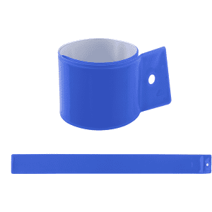 A blue reflective wristband with a solid design, featuring a loop for fastening. Includes a branding logo.