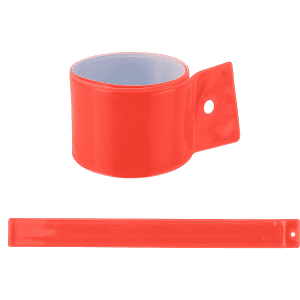 A bright red reflective wristband with a cylindrical section and a strap, featuring a logo.