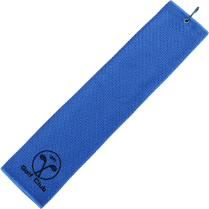 A blue sandless golf towel featuring a logo, designed for leisure and outdoor activities.