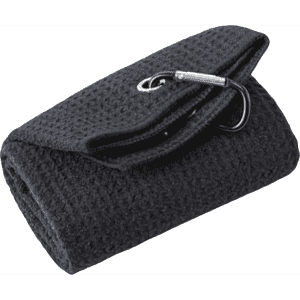 A black sandless golf towel rolled up with a carabiner clip, featuring a textured surface and a logo.