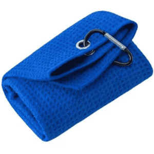 A folded blue cooling towel with a carabiner attached for convenience. The towel has a textured surface.