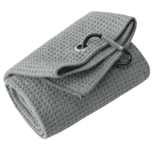 A grey, textured towel neatly rolled and secured with a carabiner clip, featuring a branding logo.