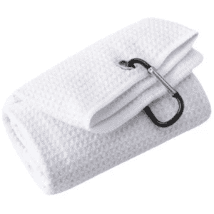 A white Sandless Golf Towel rolled and secured with a carabiner clip, featuring a textured surface.