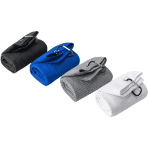 Four rolled towels in black, blue, grey, and white, each with a clip for easy attachment.