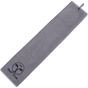 A grey sandless golf towel with a loop for hanging and a logo at one end.