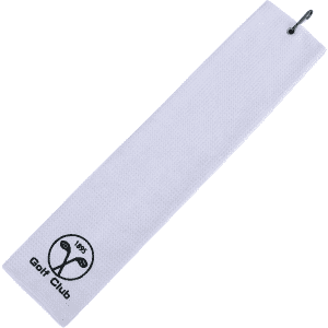 A white sandless golf towel featuring a logo, designed for leisure and outdoor activities.