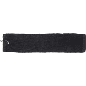 A black cotton golf towel with a grommet and loop for easy hanging. It features a simple design and branding.