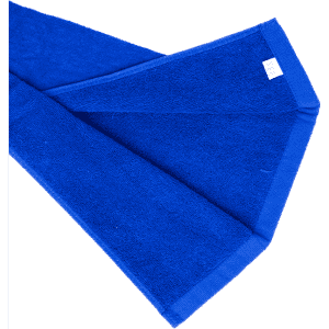 A blue cotton golf towel folded neatly, featuring a small label in one corner and a textured surface.