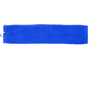 A blue cotton golf towel featuring a metal ring at one end.