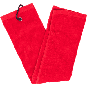 A red cotton golf towel with a hanging loop and a logo. Soft and absorbent material.