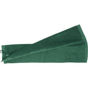 A green cotton golf towel featuring a loop for hanging and a stitched edge, with a branding logo.
