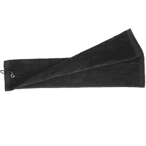 A black cotton golf towel with a hook for easy attachment. The towel is folded in a rectangular shape.