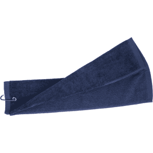 A navy cotton golf towel with a hanging loop. Features a textured finish for drying. Includes a logo.