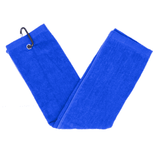 A blue cotton golf towel with a clip for attachment. The towel features a simple design and has a branding logo.