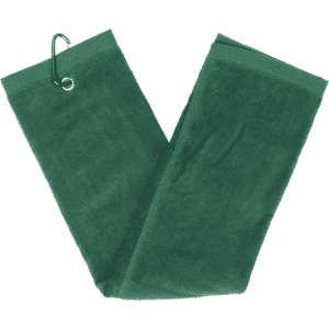 A green cotton golf towel displayed flat with a hanging loop, featuring a simple design.