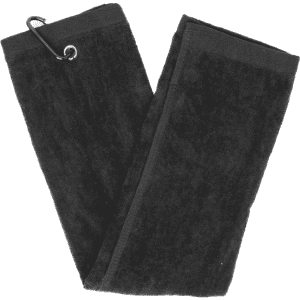A black cotton golf towel with a metal clip for easy attachment and storage.