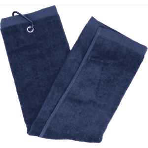 A navy cotton golf towel featuring a hanging loop, designed for easy attachment and use on the golf course.