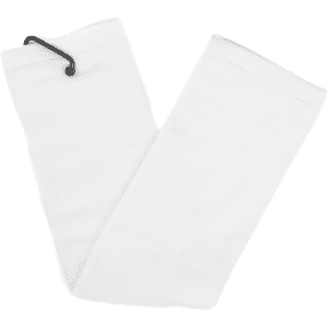 A white cotton golf towel featuring a black clip for attachment. The towel is folded and laid flat.