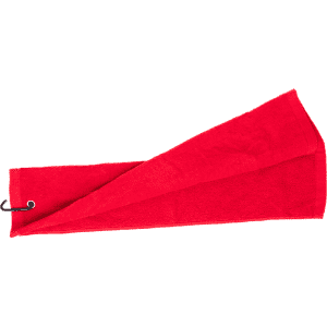 A red cotton golf towel featuring a hanging loop and a simple design.