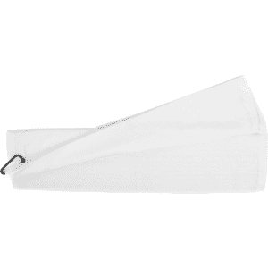 A white cotton golf towel with a black clip for easy attachment. Features a simple design and a soft texture.