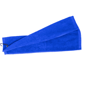A blue cotton golf towel with a clip for attachment, featuring a simple design and a clean finish.
