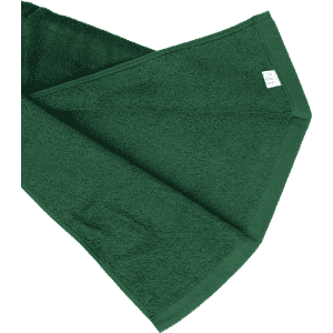 A green cotton golf towel with a folded corner, featuring a small branding label.