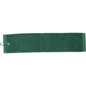 A dark green cotton golf towel featuring a loop for easy attachment. It has a smooth, textured surface.