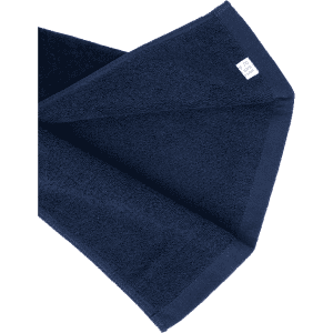 A navy cotton golf towel with a textured surface and a small branding label in one corner.