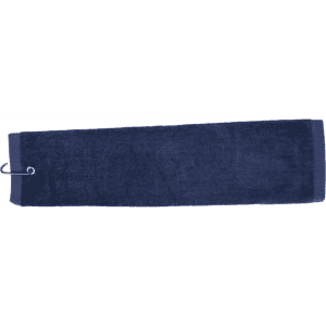 A navy cotton golf towel featuring a hook for easy attachment.