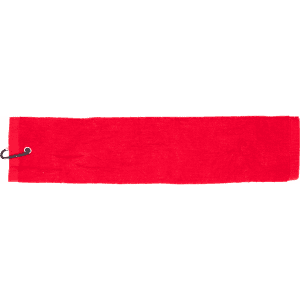 A red cotton golf towel featuring a hook for attachment. It has a simple design with no visible branding.