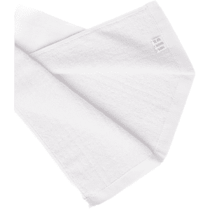A white cotton golf towel with a logo, featuring a textured surface and hemmed edges.