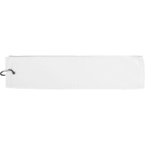 A white cotton golf towel with a black loop for hanging, featuring a subtle logo design.