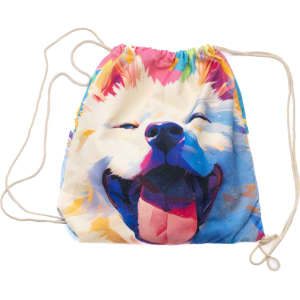 A foldable drawstring towel featuring a colourful design of a smiling dog with a vibrant background. It has a drawstring closure.