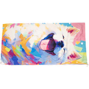 A colourful foldable drawstring towel featuring a happy dog design with vibrant geometric shapes in various colours.