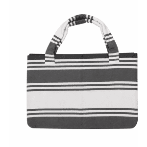A foldable beach towel bag in grey and white stripes, featuring handles and a logo. Ideal for leisure and outdoor activities.