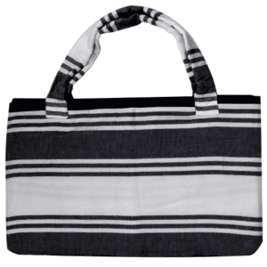A foldable beach towel bag in grey and white stripes, featuring two handles and a simple logo.