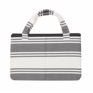 A foldable beach towel bag in grey and white stripes, featuring sturdy handles and a fabric texture.